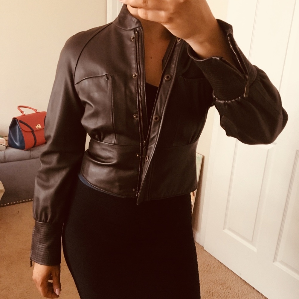 Bebe sleek cropped brown leather jacket
